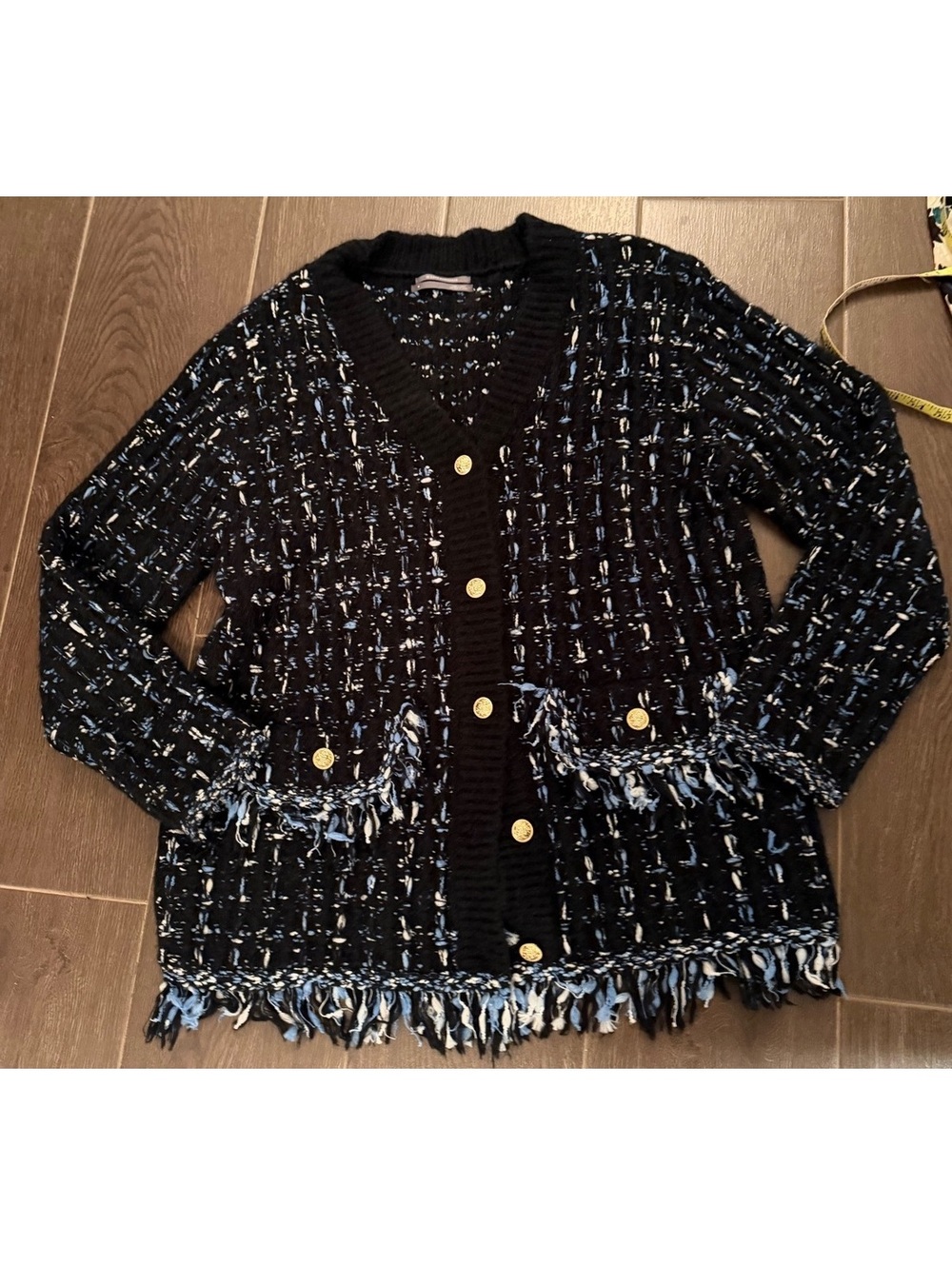 NWOT By Anthropologie Tweed Fringe knit chunky cardigan sweater black blue M